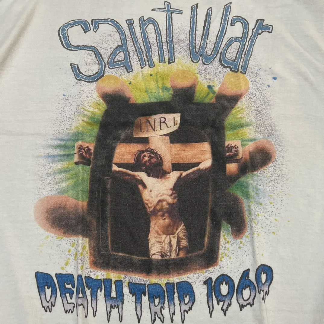 SAINT MICHAEL SAINT WAR TEE/WHAT new style Jesus cross retro short-sleeved, off-white S-XL, ready-to-wear, washed and distressed, printed repeatedly and modified, tube-woven seamless fabric, with little angel anti-counterfeiting label